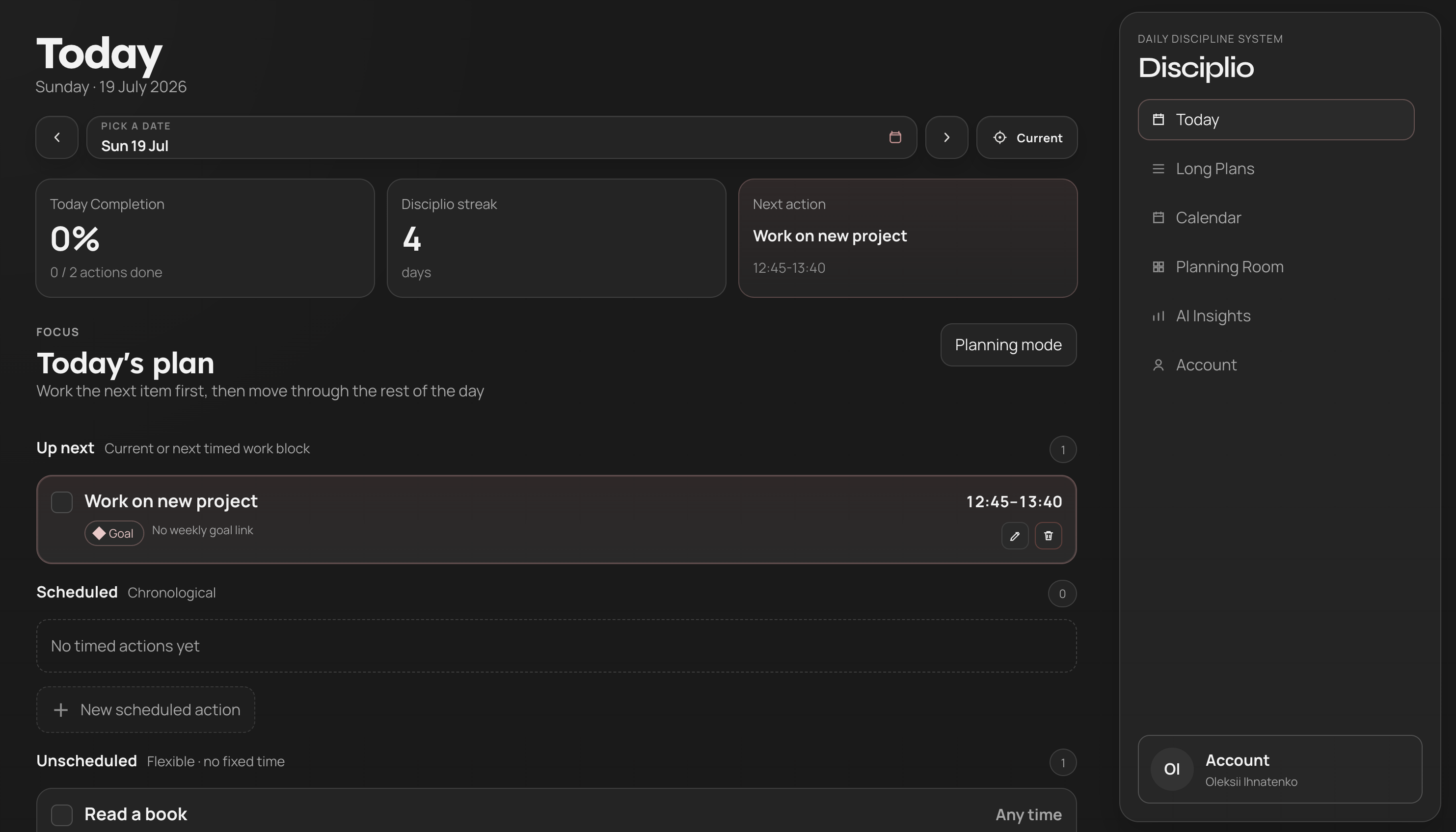 Disciplio Today page showing daily planning, actions, progress and navigation